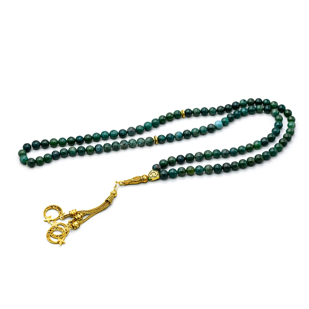 Moss Agate Crystal Tasbeeh Sibha Prayer Beads (Gold)