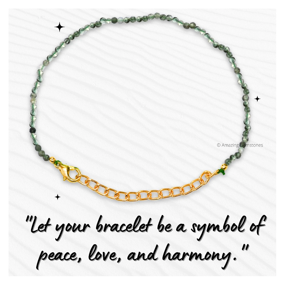 Green Rutilated Quartz Crystal Bracelet - 2mm Faceted Bead (Gold)