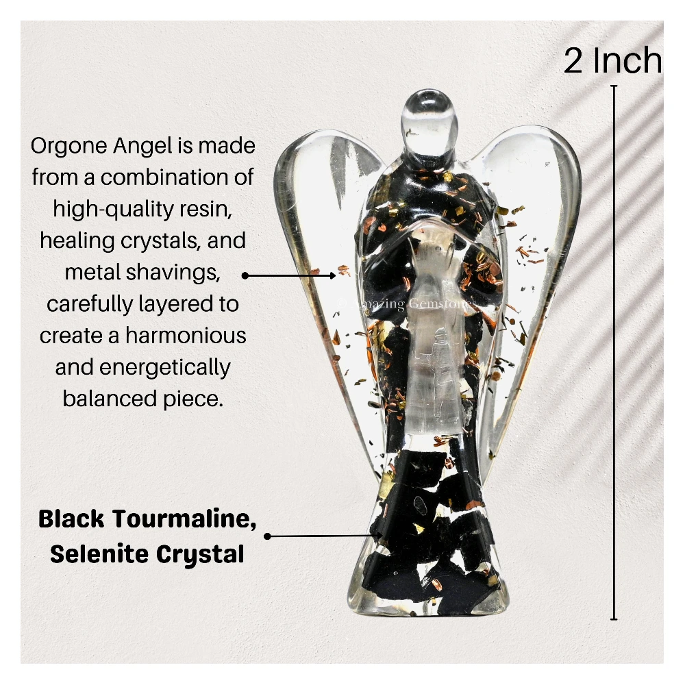 Selenite Black Tourmaline Orgone Angel Figurine (2 Inch)