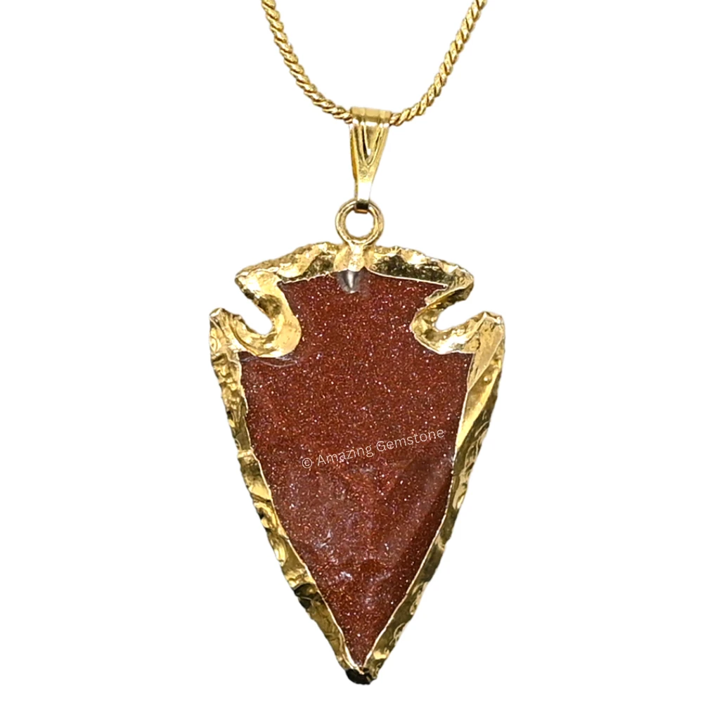 Red Goldstone Arrowhead Pendant - Gold Plated