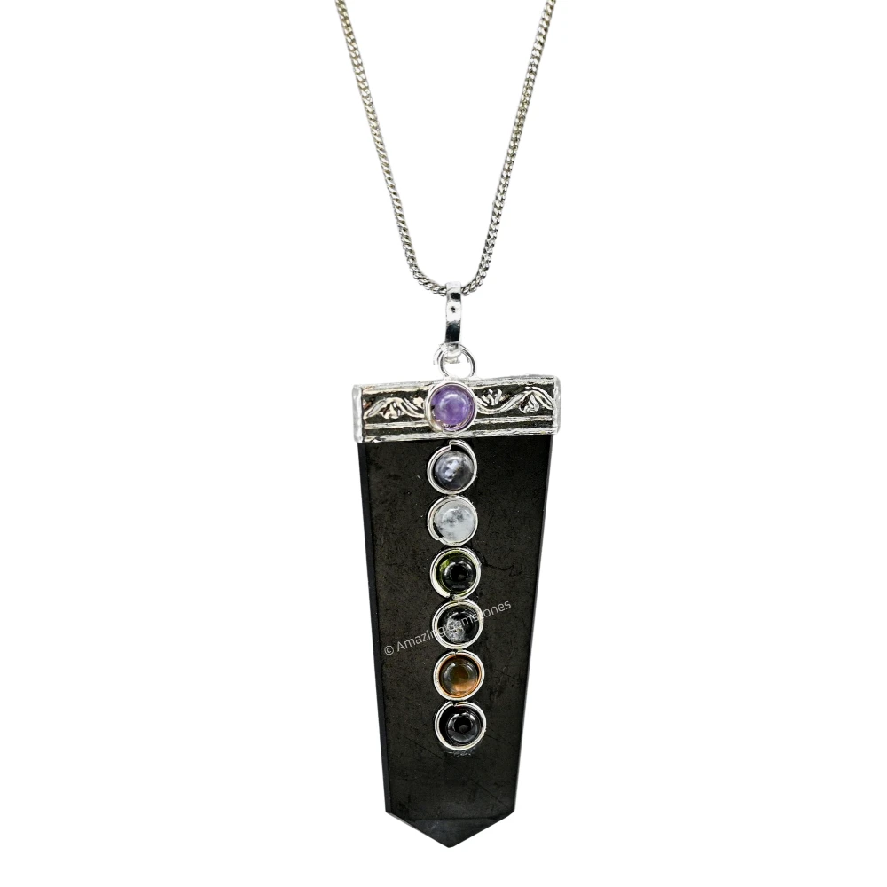 Shungite Necklace - Flat Pencil with 7 Chakra