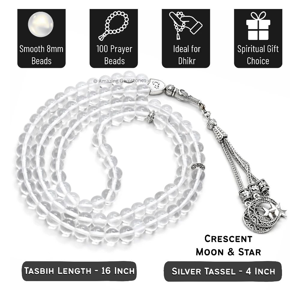 Clear Quartz Crystal Tasbeeh Sibha Prayer Beads (Silver)