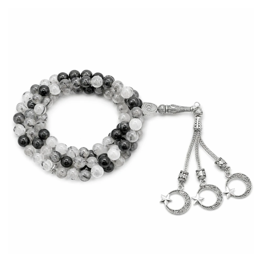 Black Rutilated Quartz Crystal Tasbeeh Sibha Prayer Beads (Silver)