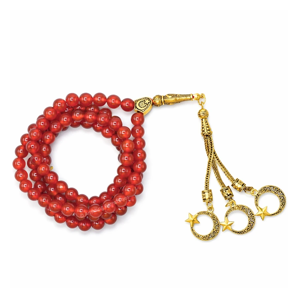 Red Onyx Crystal Tasbeeh Sibha Prayer Beads (Gold)