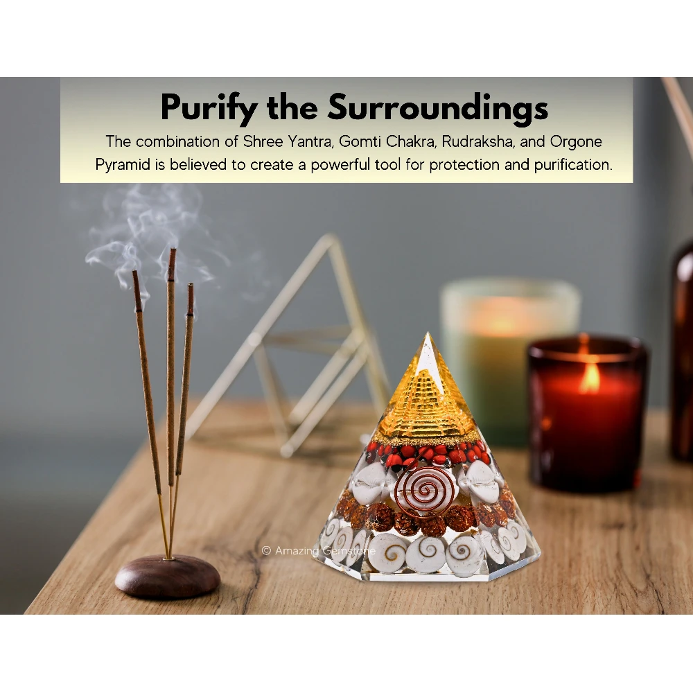 Shri Yantra Gomati Chakra Rudraksha Pyramid - Hexagonal Wealth Pyramid