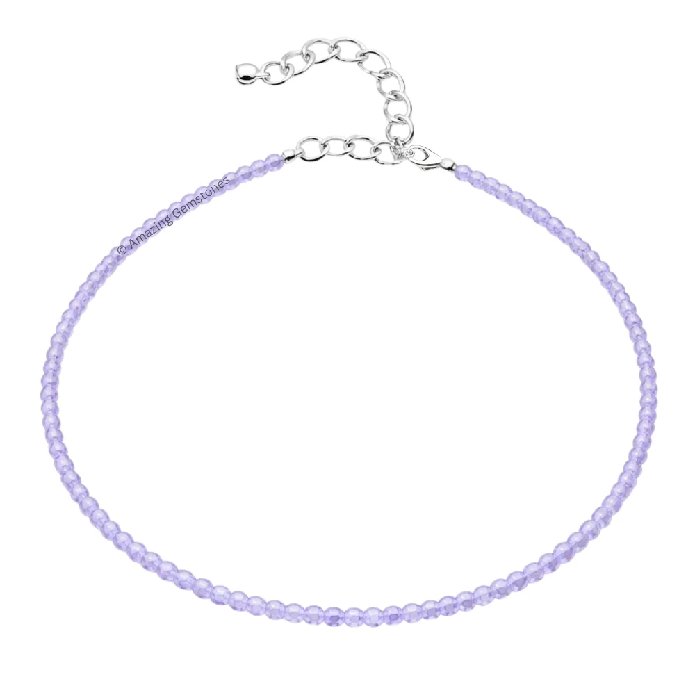 Purple Chalcedony Crystal Anklet - 2mm Faceted Bead (Silver)