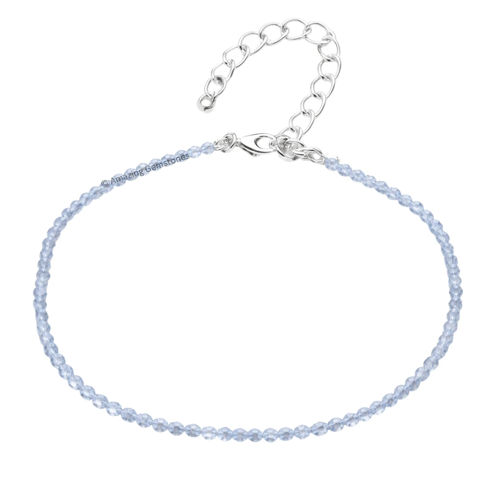 Blue Lace Chalcedony Crystal Anklet - 2mm Faceted Bead (Silver)