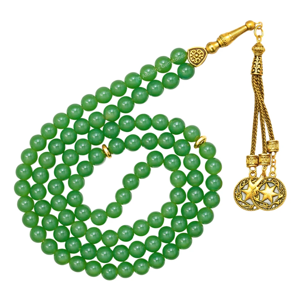 Green Aventurine Crystal Tasbeeh Sibha Prayer Beads (Gold)