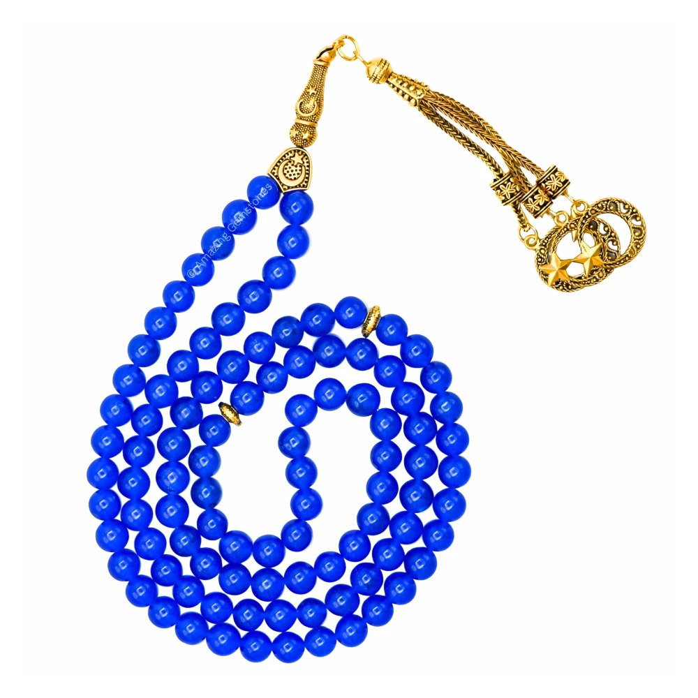 Blue Jade Crystal Tasbeeh Sibha Prayer Beads (Gold)
