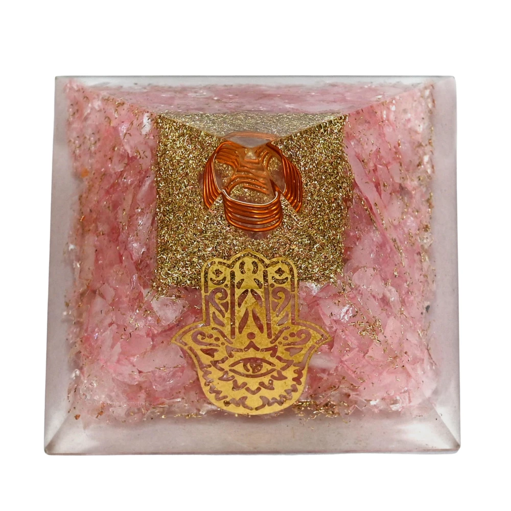 Rose Quartz Orgone Pyramid - Big Hamsa