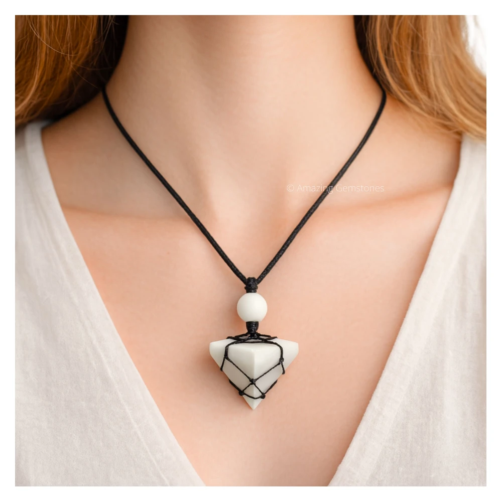 Snow Quartz Pyramid Pendant Necklace (Macrame)