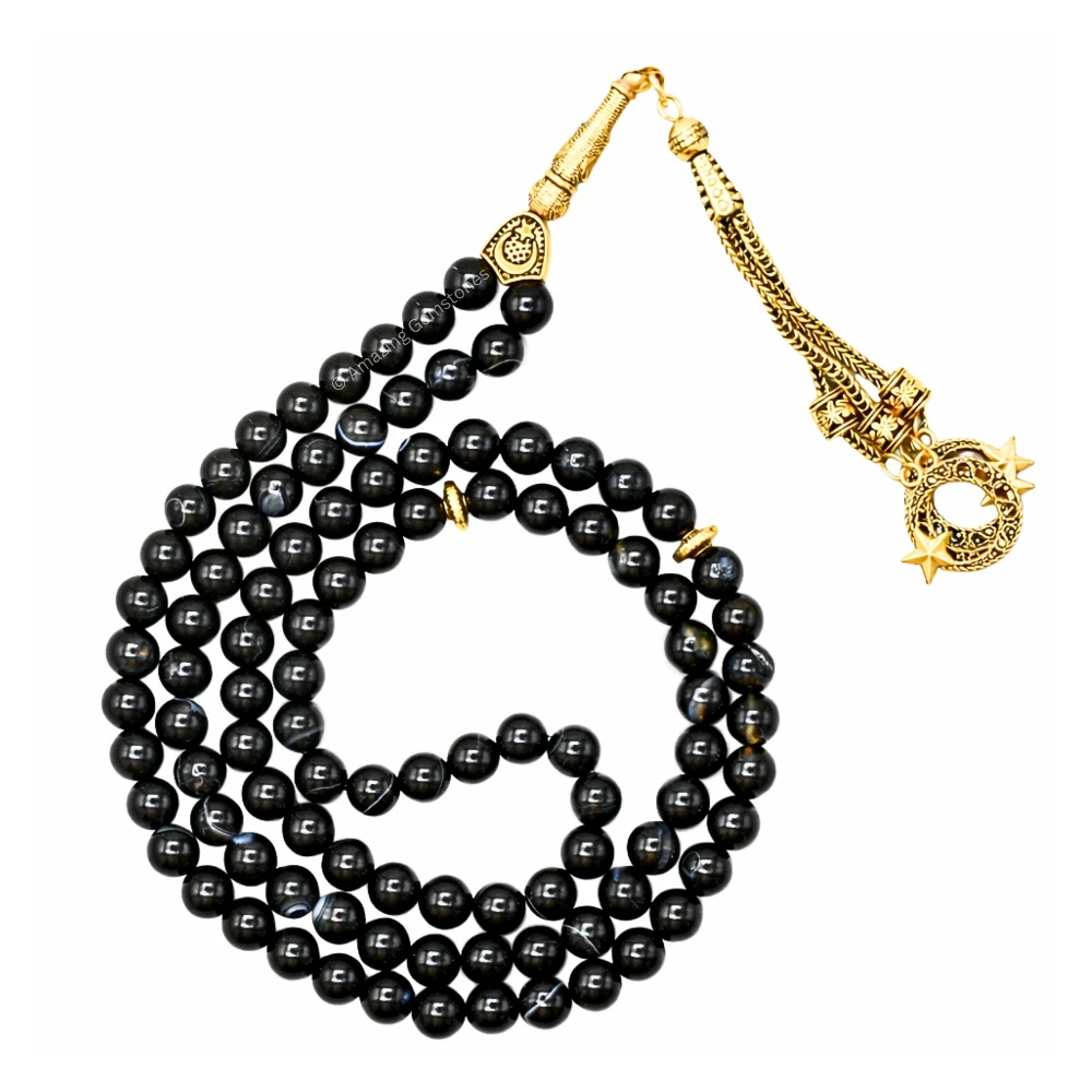 Black Banded Agate Crystal Tasbeeh Sibha Prayer Beads (Gold)