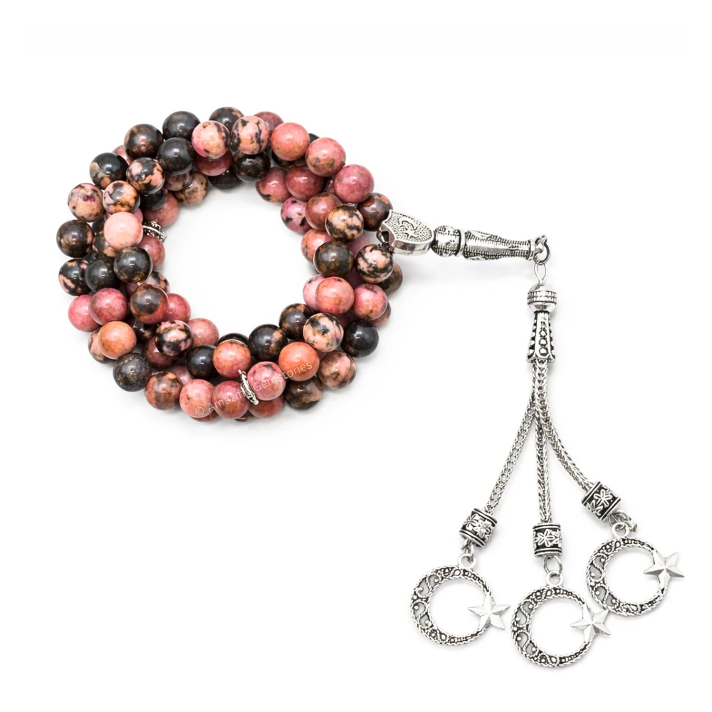Rhodonite Crystal Tasbeeh Sibha Prayer Beads (Silver)