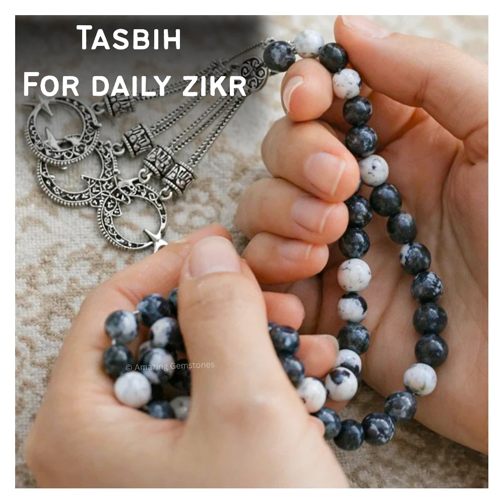 Black and White Jasper Crystal Tasbeeh Sibha Prayer Beads (Silver)