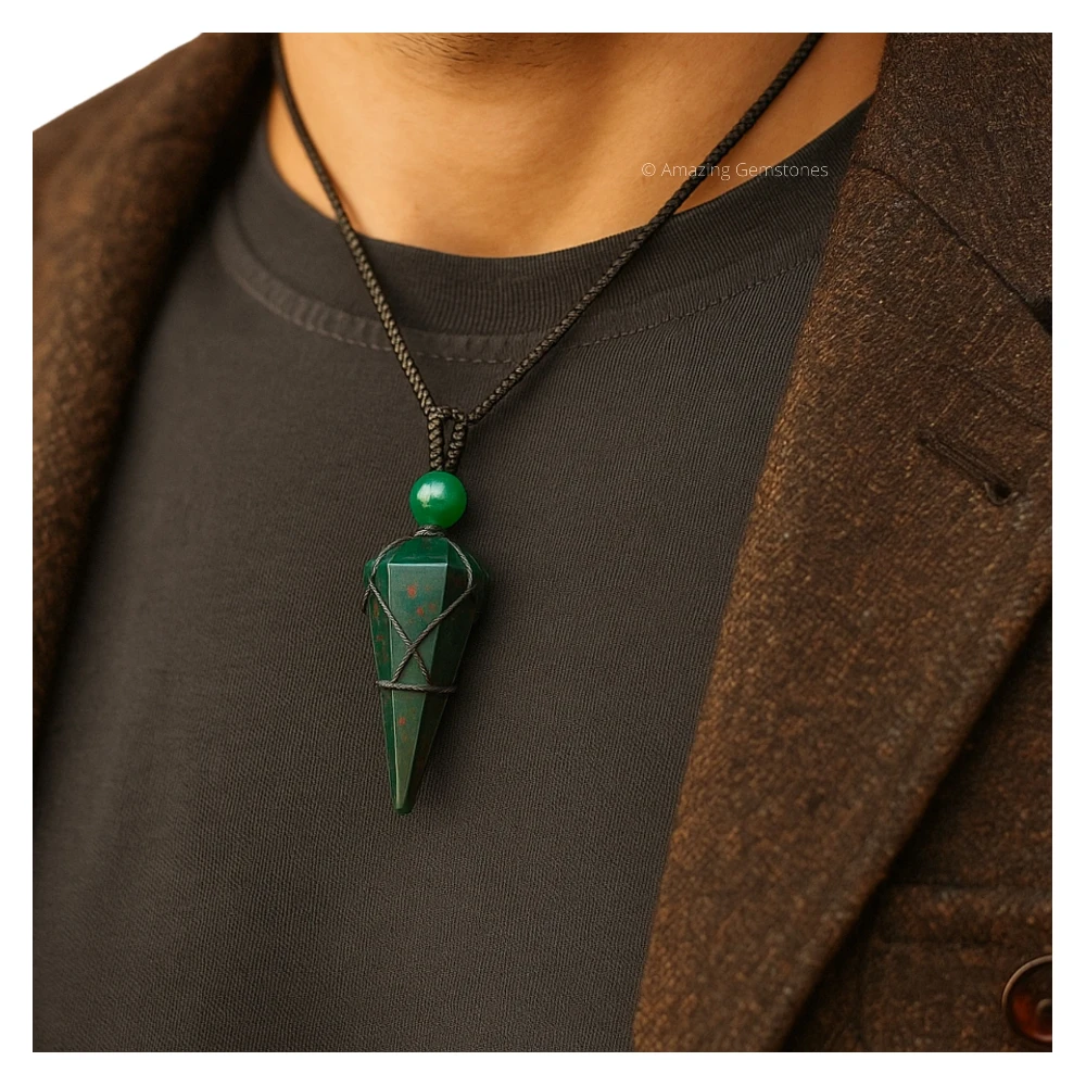 Bloodstone Pendulum Pendant Necklace (Macrame)