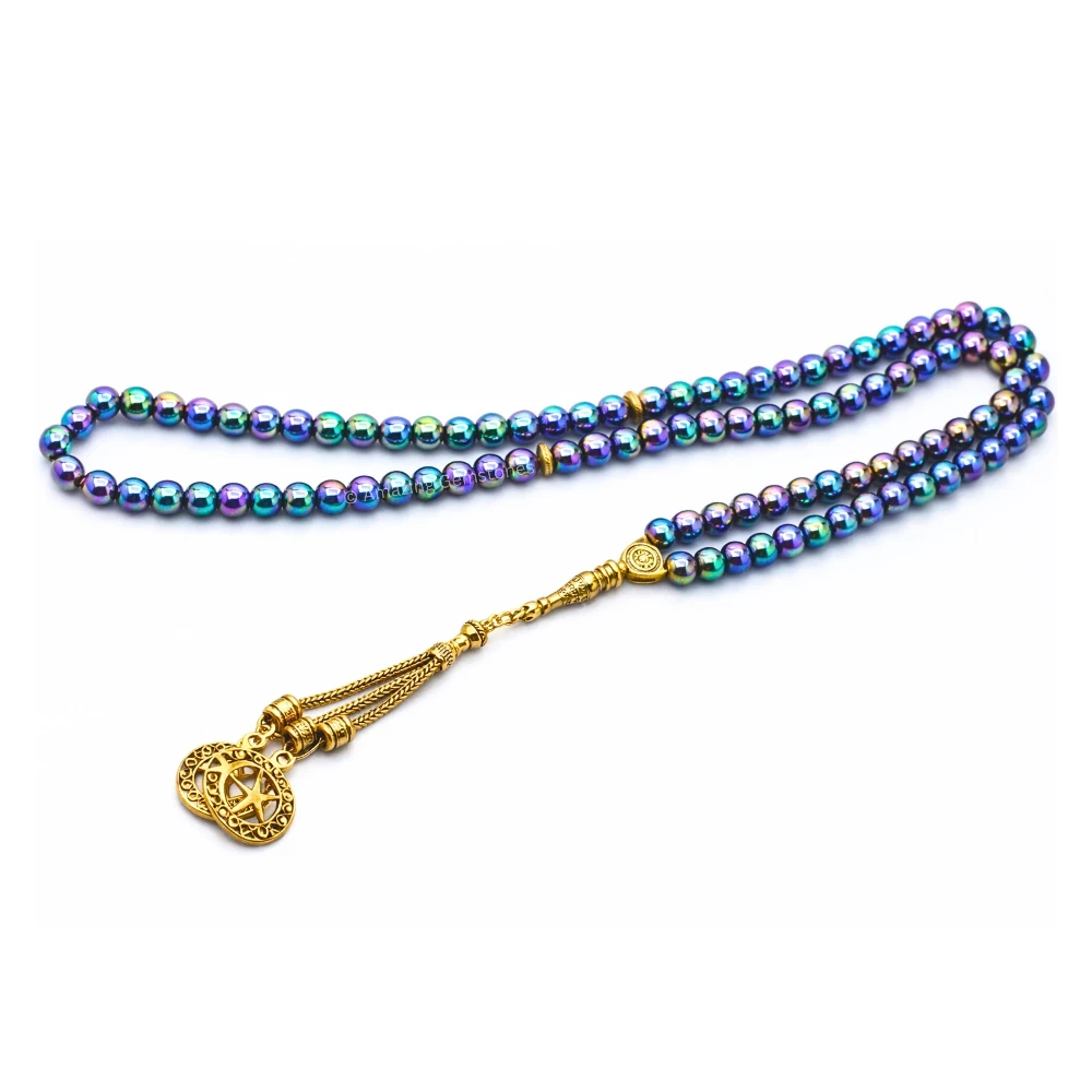 Rainbow Hematite Crystal Tasbeeh Sibha Prayer Beads (Gold)