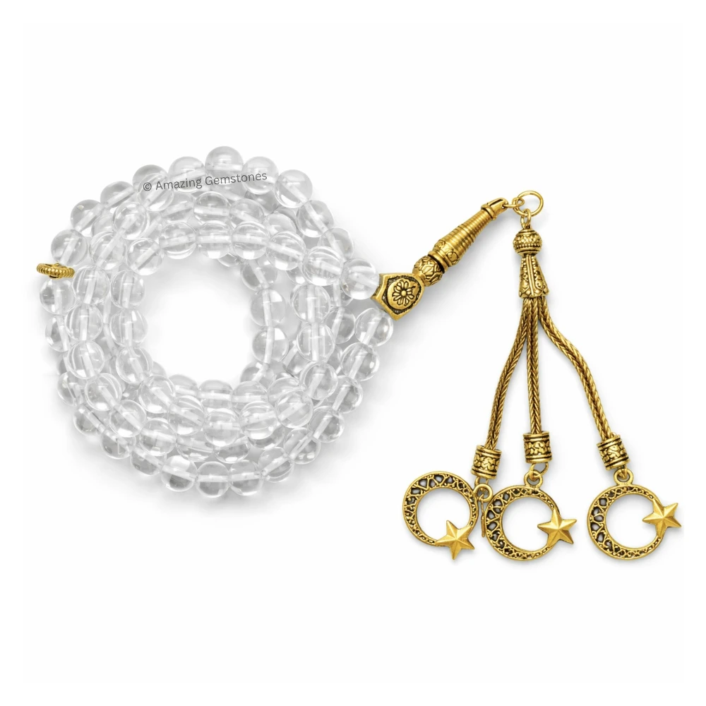 Clear Quartz Crystal Tasbeeh Sibha Prayer Beads (Gold)