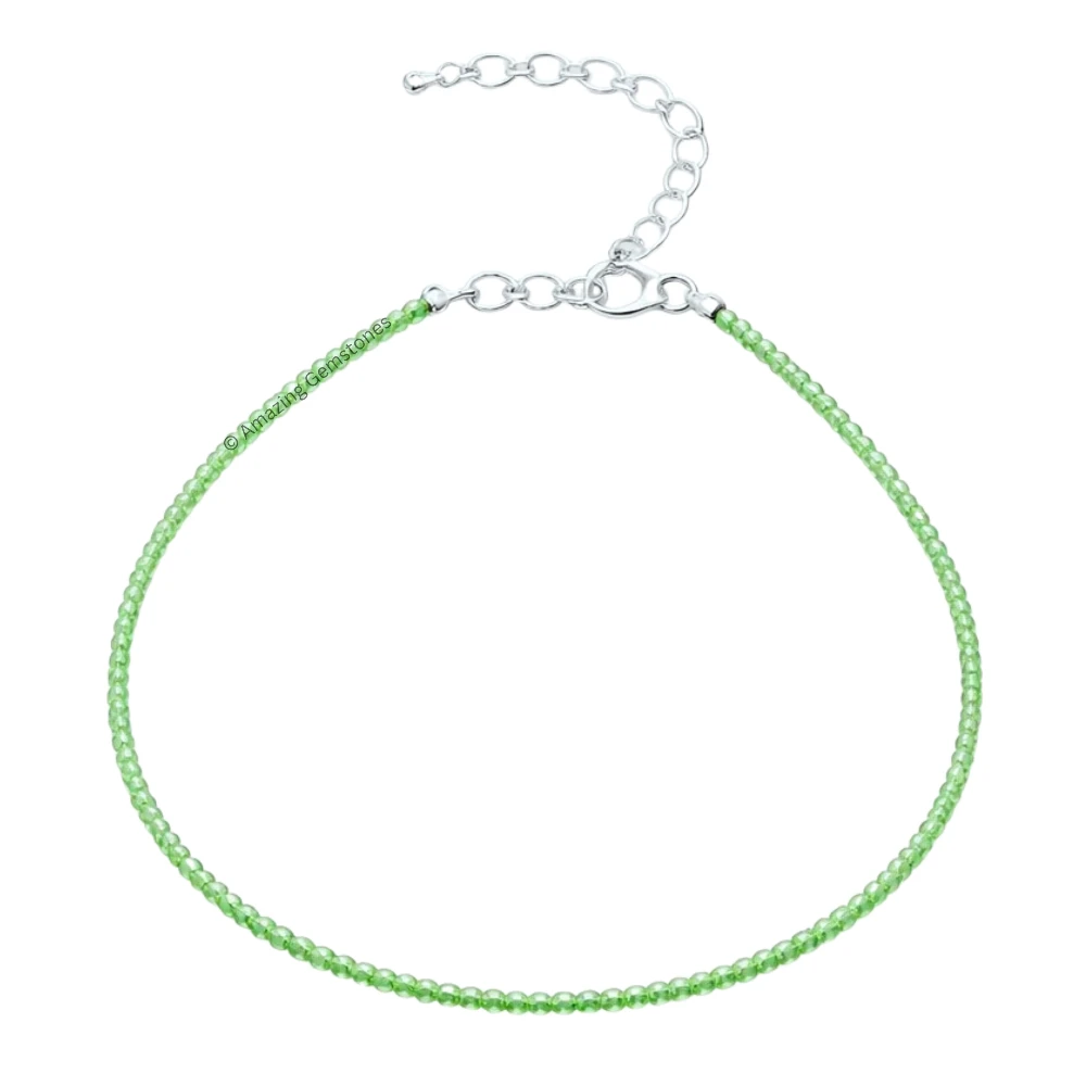 Green Chalcedony Crystal Anklet - 2mm Faceted Bead (Silver)