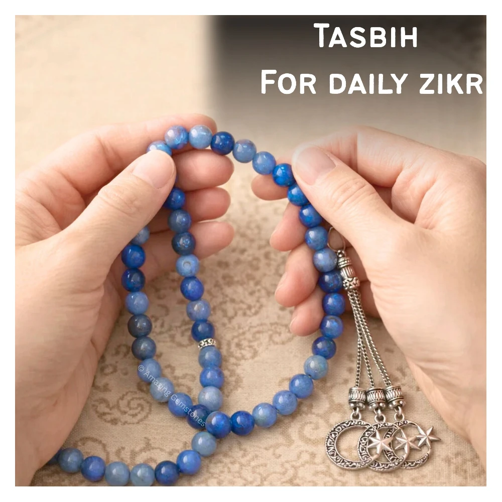 Blue Aventurine Crystal Tasbeeh Sibha Prayer Beads (Silver)