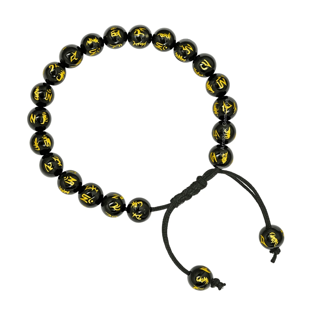 Black Agate (Om Mani Padme Hum) Bracelet (Adjustable)