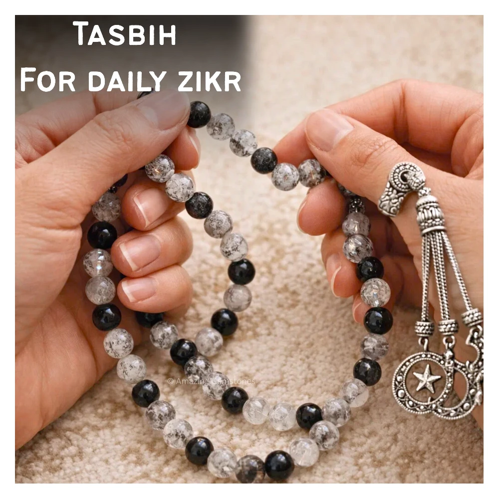 Black Rutilated Quartz Crystal Tasbeeh Sibha Prayer Beads (Silver)