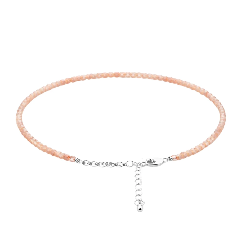 Peach Moonstone Crystal Anklet - 2mm Faceted Bead (Silver)