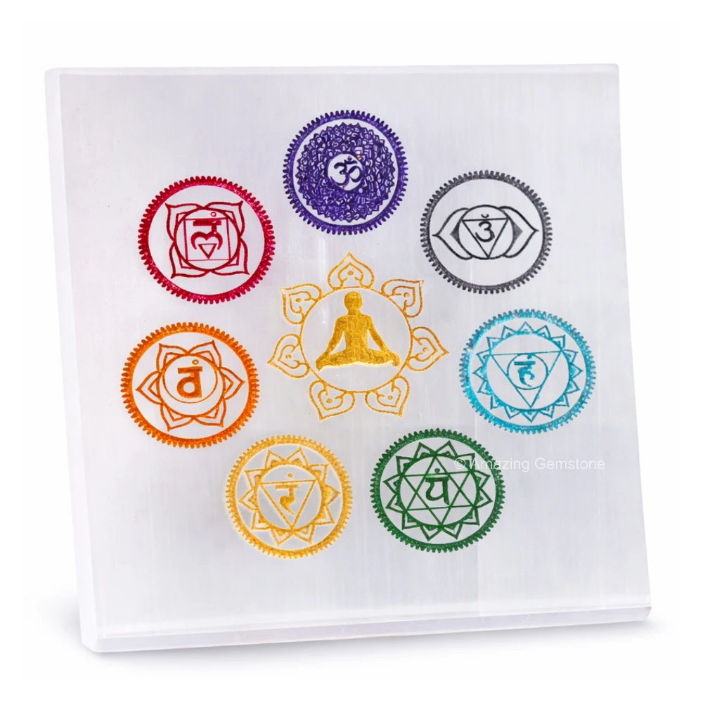 Selenite Charging Plate - 7 Chakra (Square) (3 Inch)