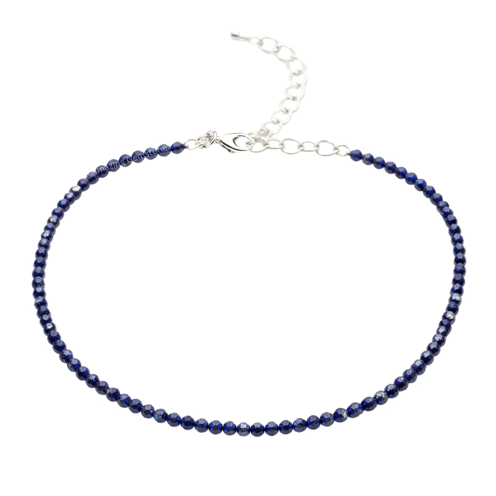 Blue Sunstone Dyed Crystal Anklet - 2mm Faceted Bead (Silver)