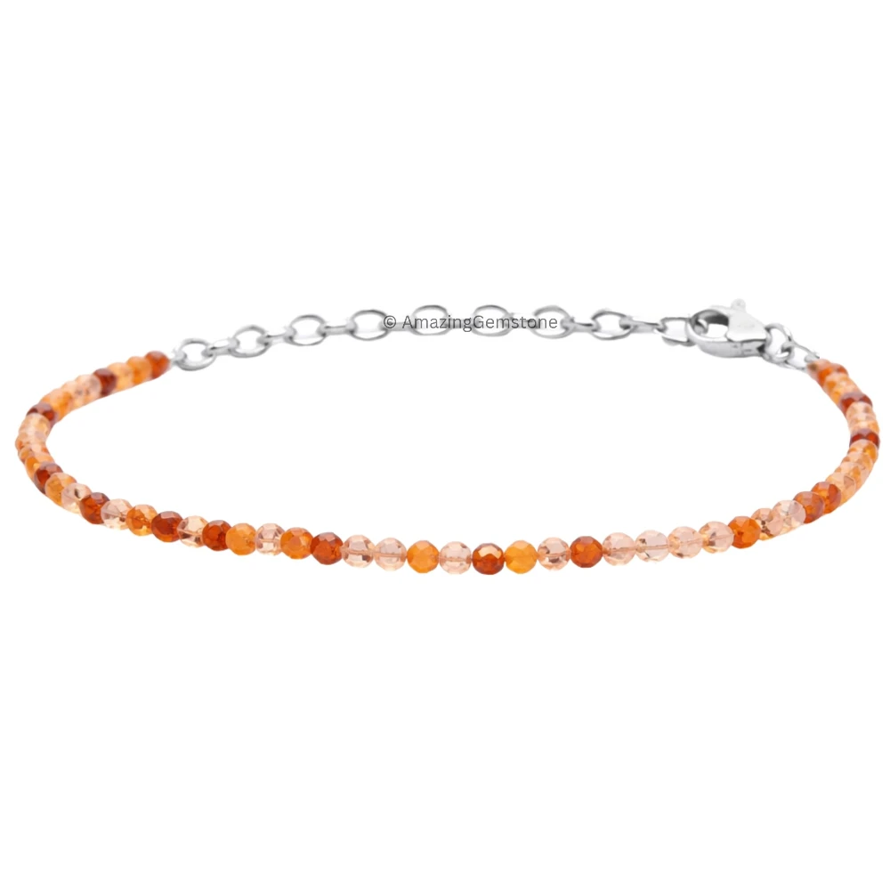 Orange Rutilated Quartz Crystal Bracelet - 2mm Faceted Bead (Silver)