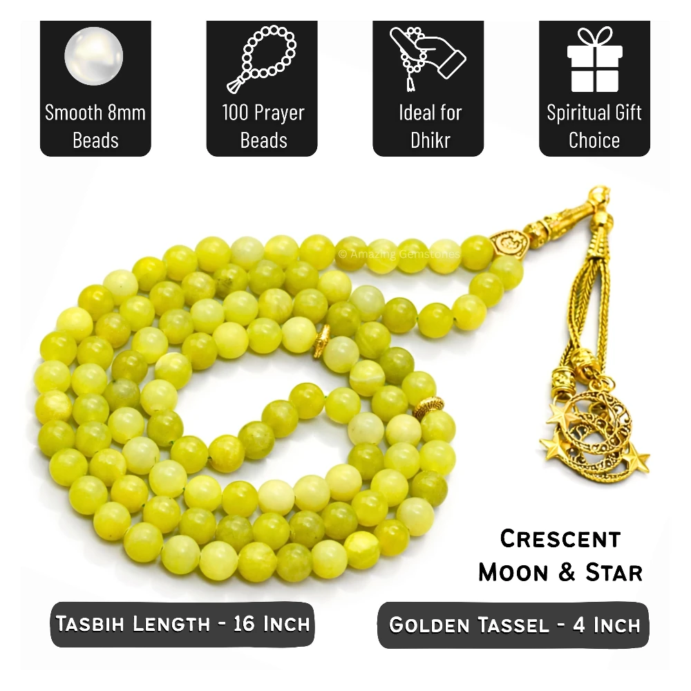 Lemon Jade Crystal Tasbeeh Sibha Prayer Beads (Gold)