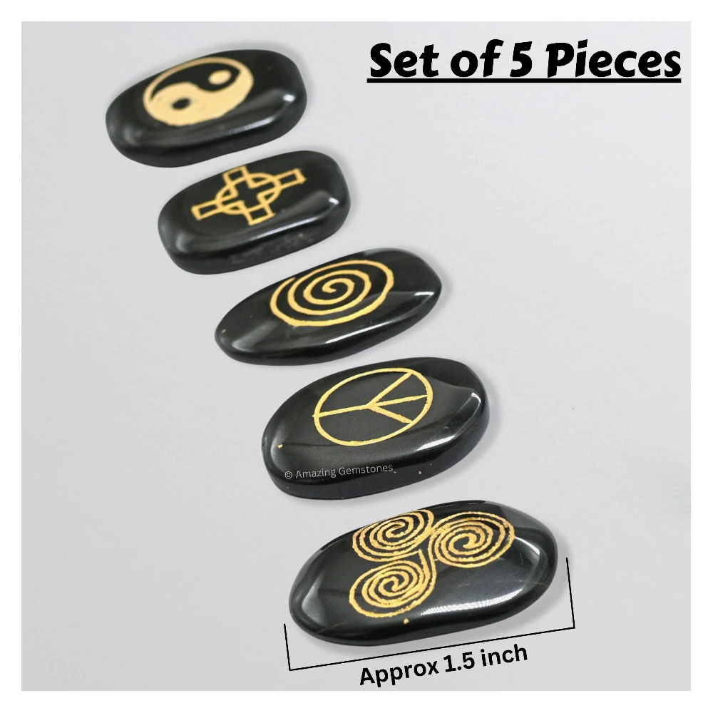 Black Agate Yin Yang, Solar Croass, Spirituality, Triple Spiral and Peace Pagan Stones (Set of 5)