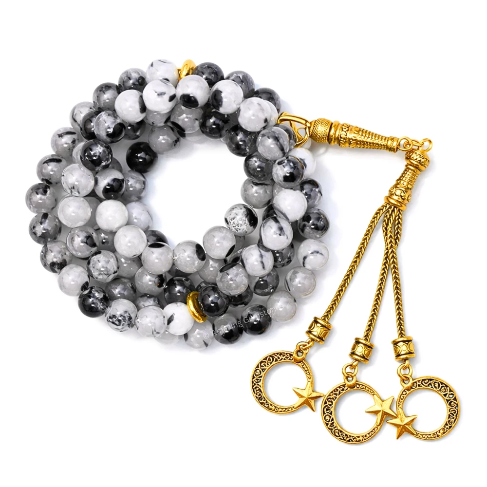 Black Rutilated Quartz Crystal Tasbeeh Sibha Prayer Beads (Gold)