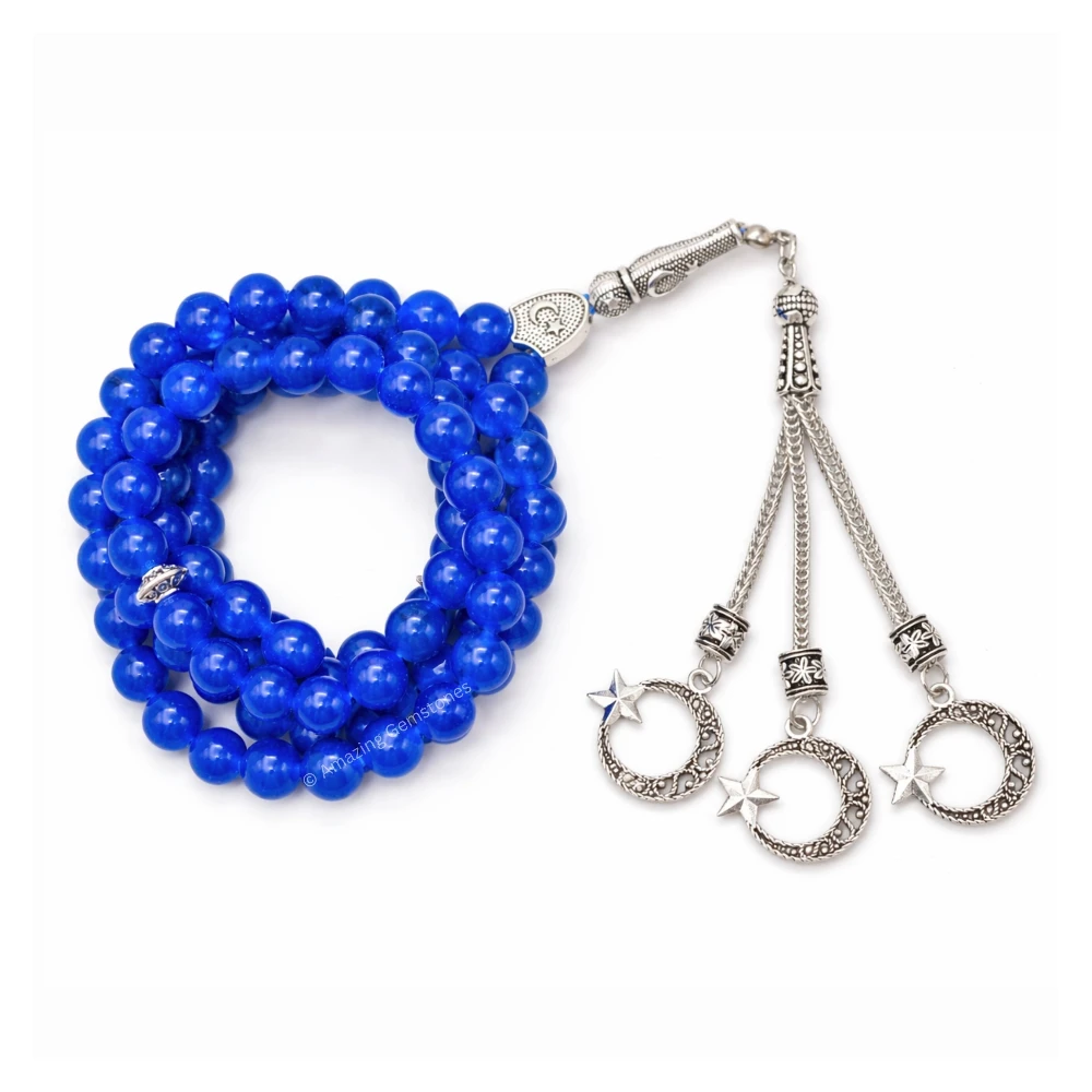 Blue Jade Crystal Tasbeeh Sibha Prayer Beads (Silver)