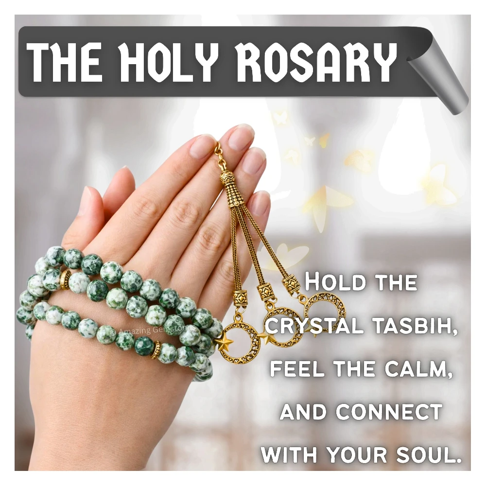 Tree Agate Crystal Tasbeeh Sibha Prayer Beads (Gold)