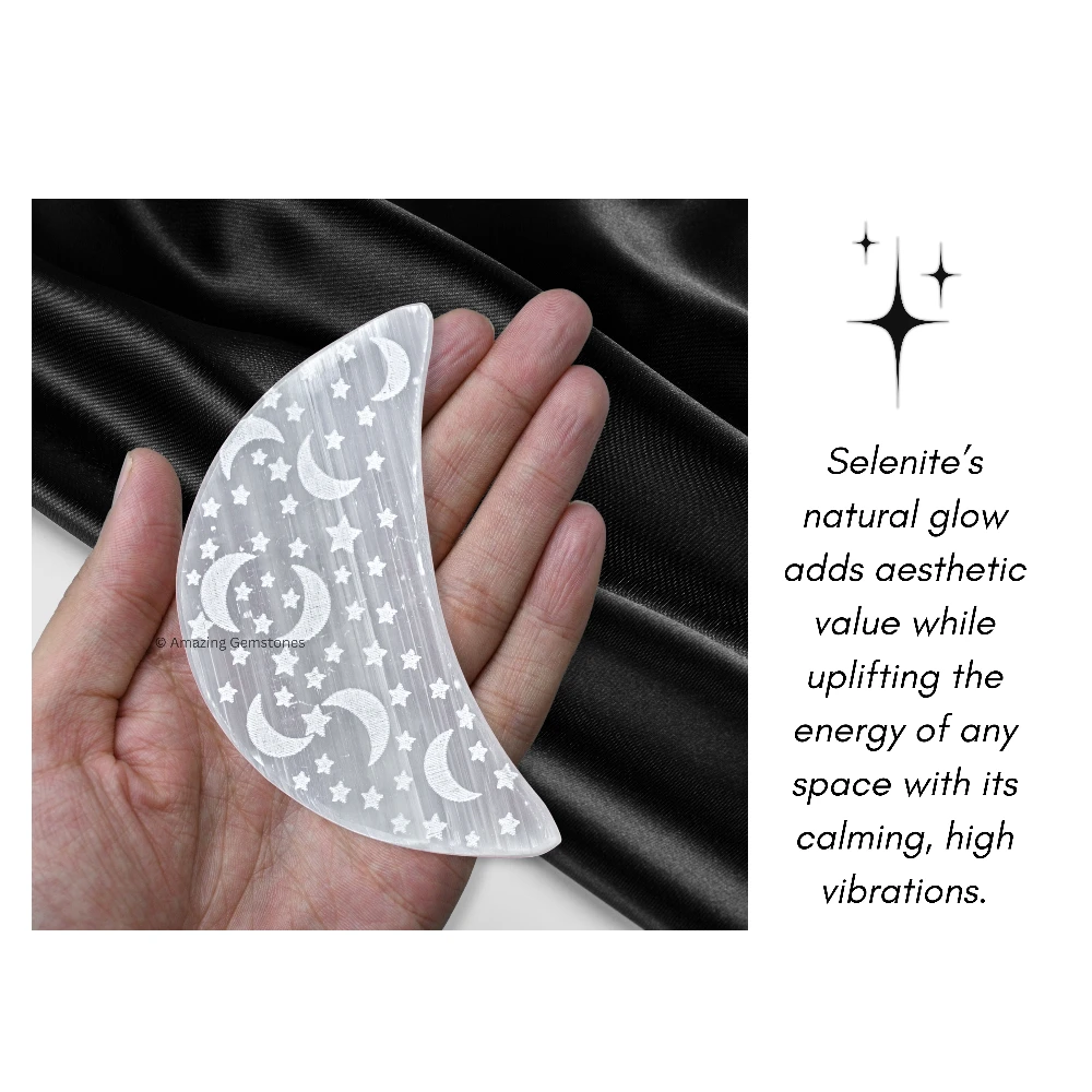 Selenite Charging Plate for Crystals - Crescent Moon & Star
