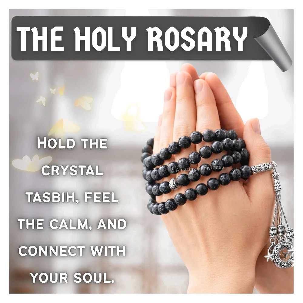 Lava Stone Crystal Tasbeeh Sibha Prayer Beads (Silver)