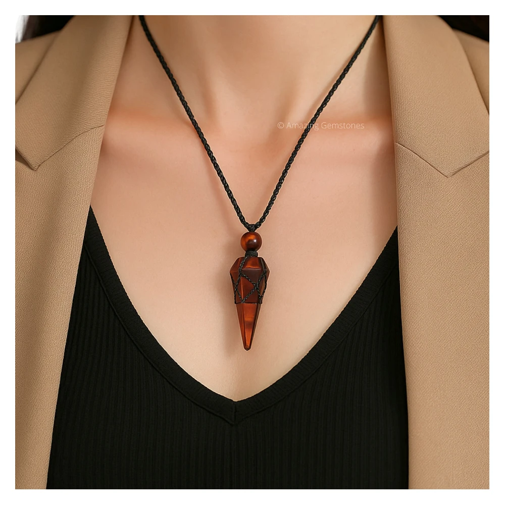 Red Tiger Eye Pendulum Pendant Necklace (Macrame)