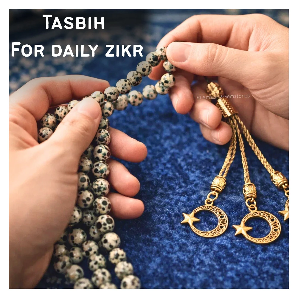 Dalmatian Jasper Crystal Tasbeeh Sibha Prayer Beads (Gold)