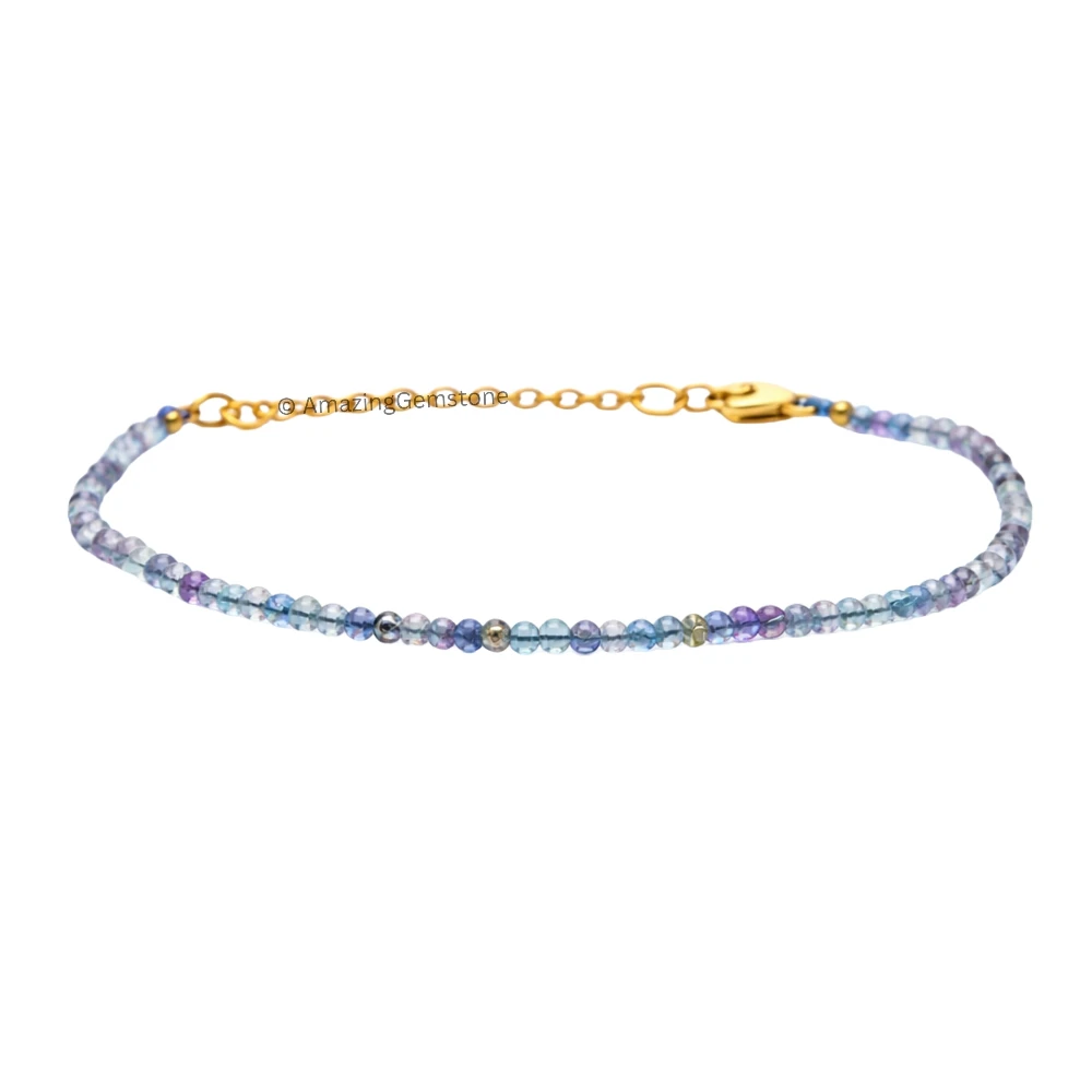 Blue Fluorite Crystal Bracelet - 2mm Faceted Bead (Gold)