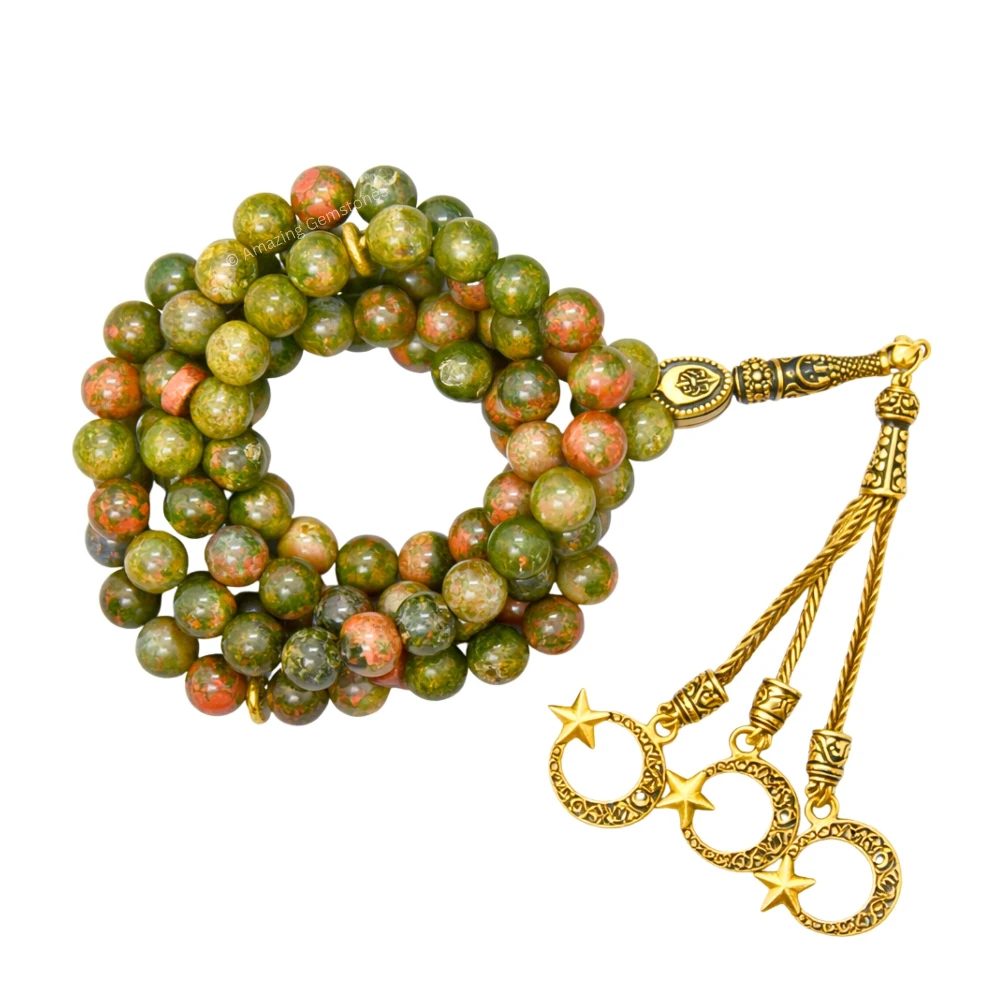 Unakite Crystal Tasbeeh Sibha Prayer Beads (Gold)