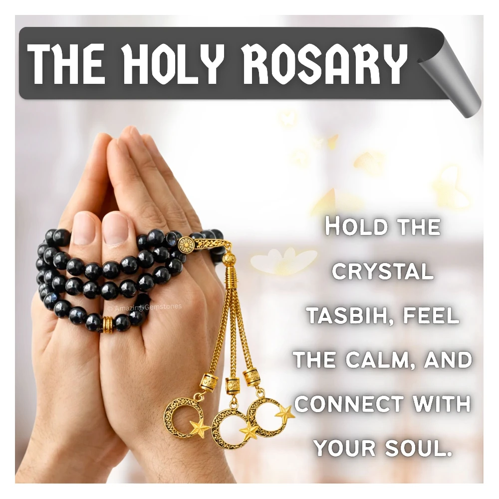 Black Banded Agate Crystal Tasbeeh Sibha Prayer Beads (Gold)
