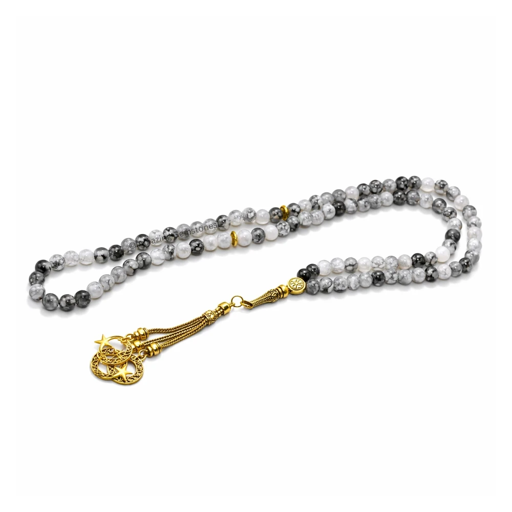 Dragon Vein Agate Crystal Tasbeeh Sibha Prayer Beads (Gold)