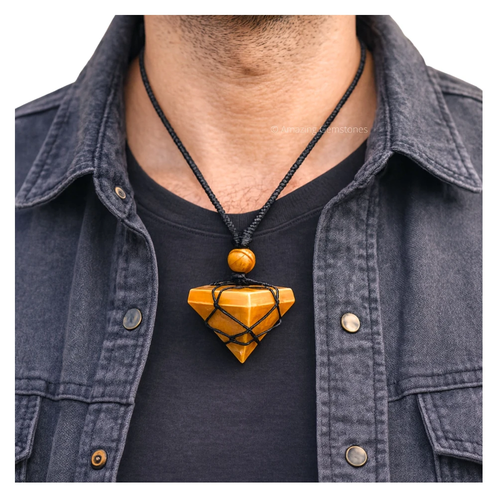 Yellow Jasper Pyramid Pendant Necklace (Macrame)
