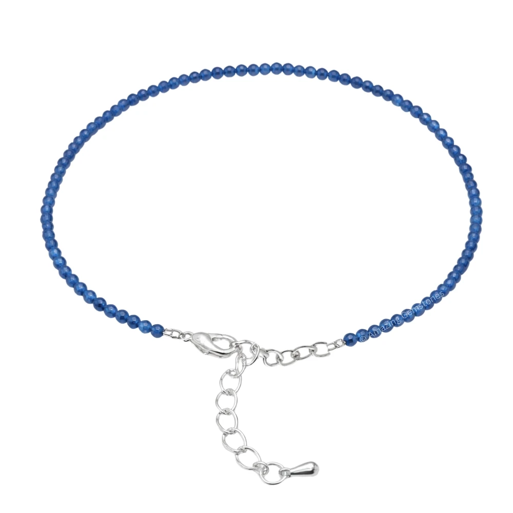 Dark Blue Chalcedony Crystal Anklet - 2mm Faceted Bead (Silver)