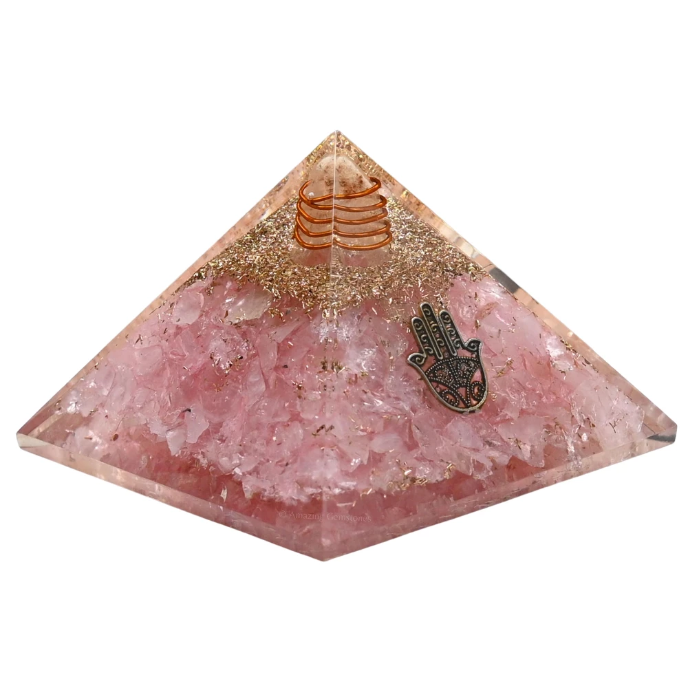 Rose Quartz Orgone Pyramid - Hamsa