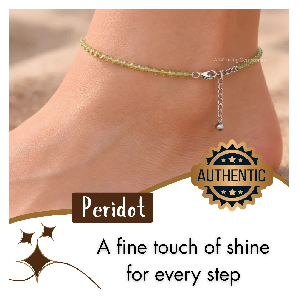 Peridot Crystal Anklet - 2mm Faceted Bead (Silver)