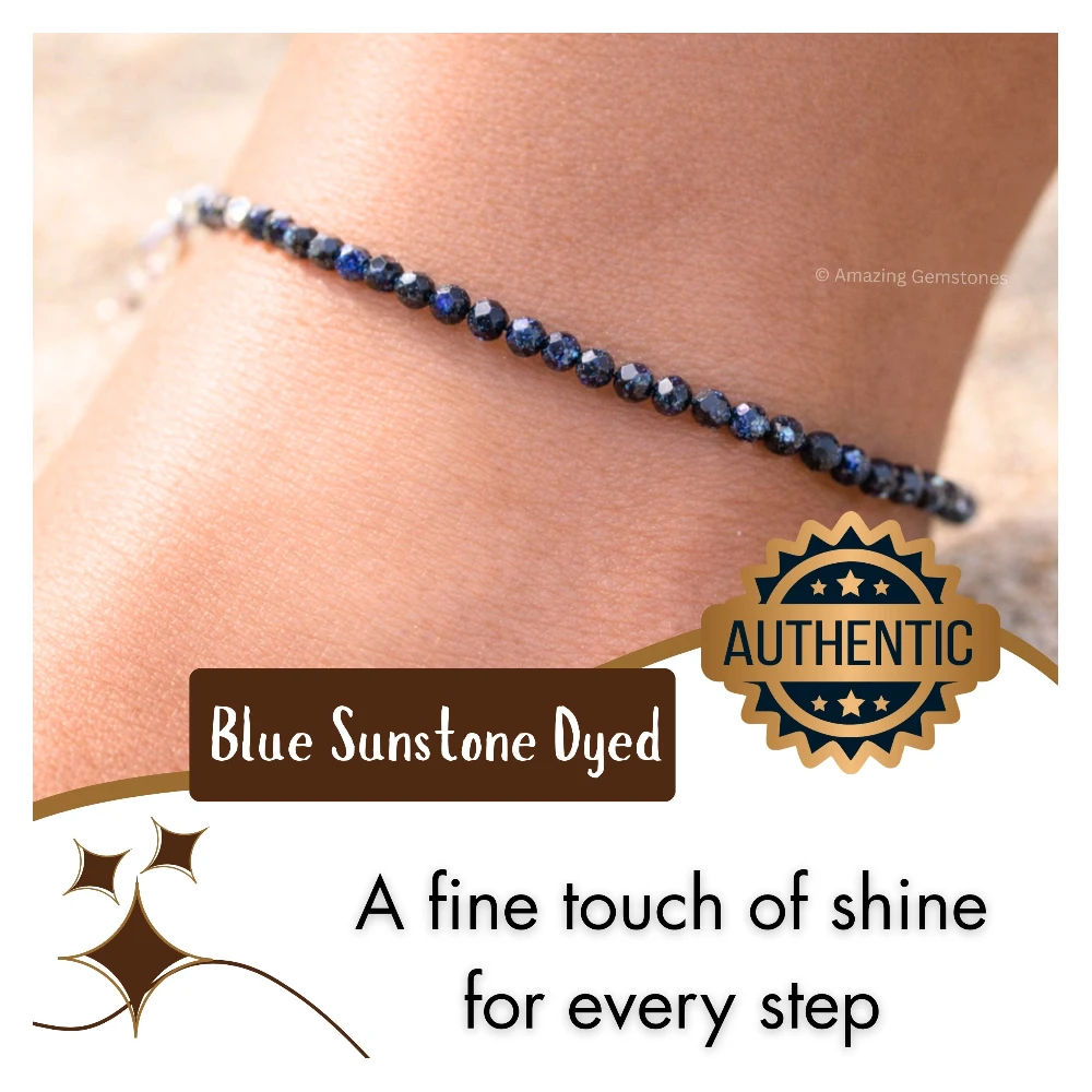 Blue Sunstone Dyed Crystal Anklet - 2mm Faceted Bead (Silver)