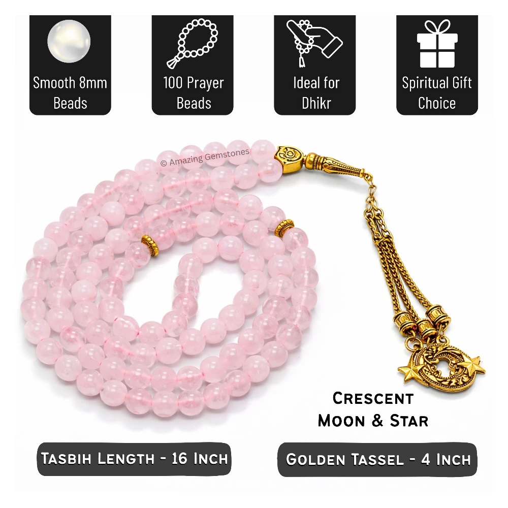 Rose Quartz Crystal Tasbeeh Sibha Prayer Beads (Gold)