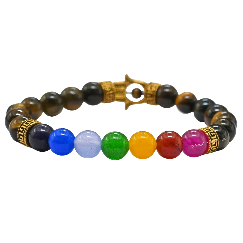 Tiger Eye Hamsa Chakra Bracelet (Strechable)