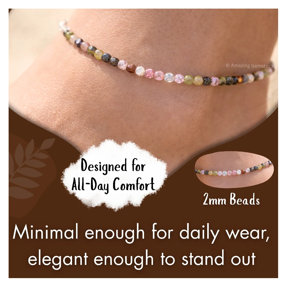 Multi Tourmaline Crystal Anklet - 2mm Faceted Bead (Silver)